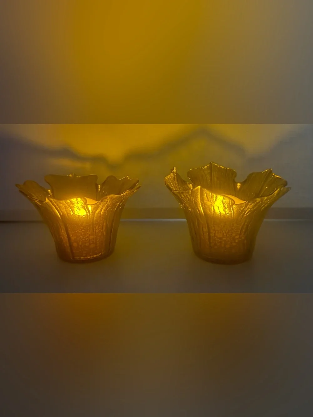 Amber Glass Leaf-Edge Votive Holders – Pair
